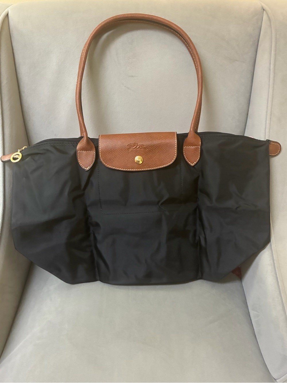 Longchamp Le Pliage Large Black Nylon Brown Leather Shoulder Tote Bag